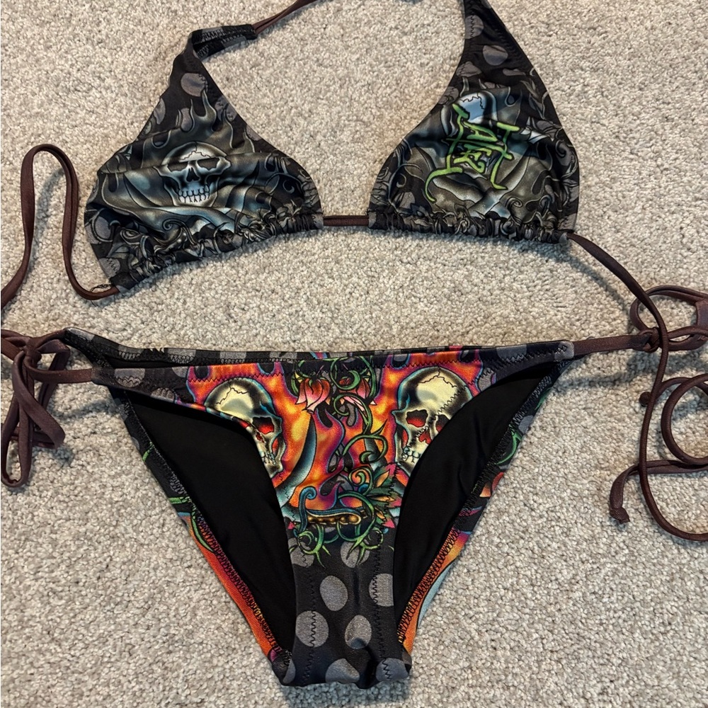 Vintage Ed Hardy Black and Multicolor Skull Bikini